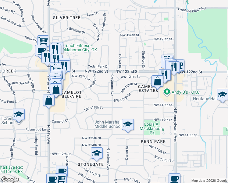 map of restaurants, bars, coffee shops, grocery stores, and more near 2500 Northwest 120th Street in Oklahoma City
