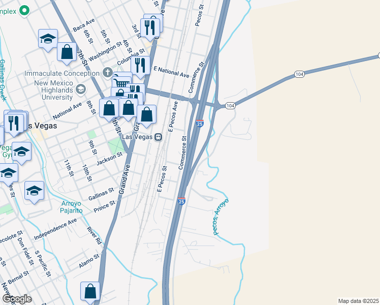 map of restaurants, bars, coffee shops, grocery stores, and more near Interstate 25 in Las Vegas