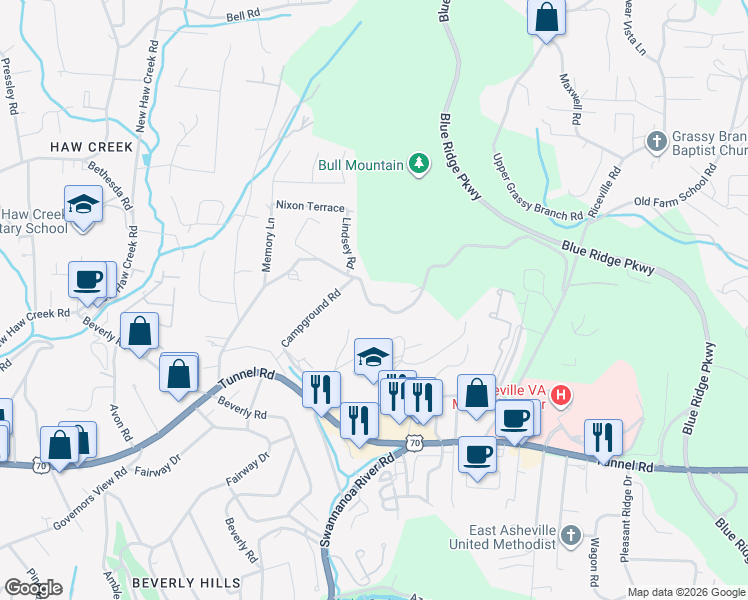 map of restaurants, bars, coffee shops, grocery stores, and more near 104 Bull Mountain Road in Asheville