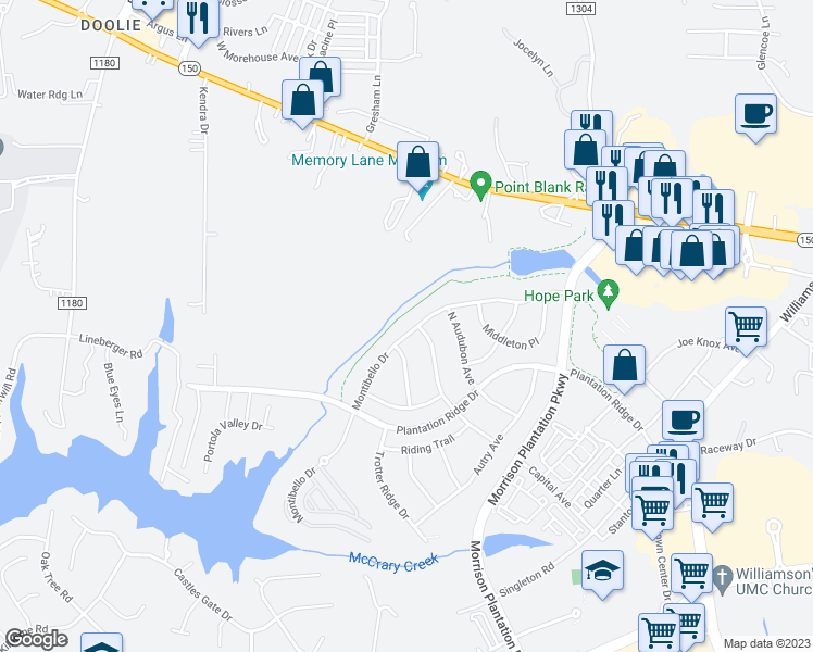 map of restaurants, bars, coffee shops, grocery stores, and more near 198 Montibello Drive in Mooresville