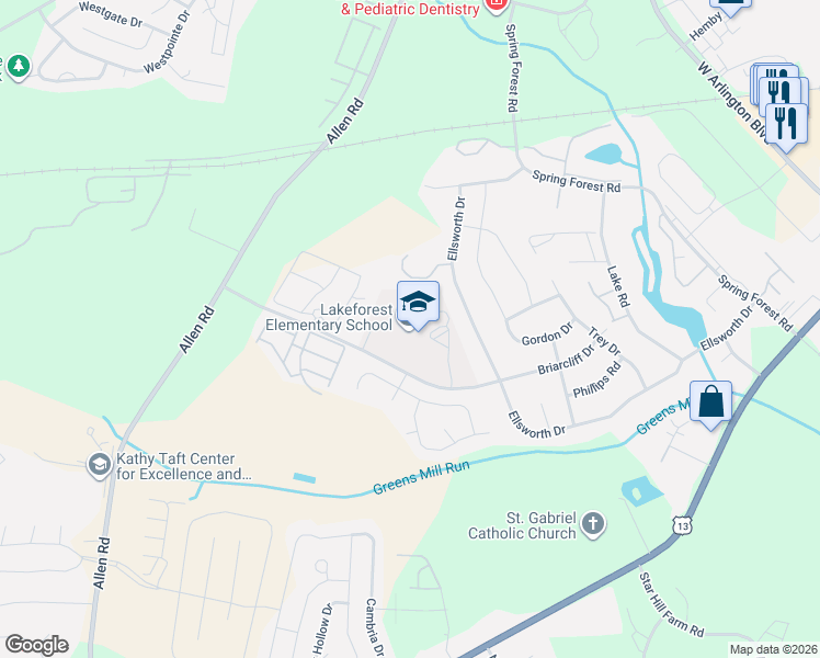 map of restaurants, bars, coffee shops, grocery stores, and more near 3300 Briarcliff Drive in Greenville