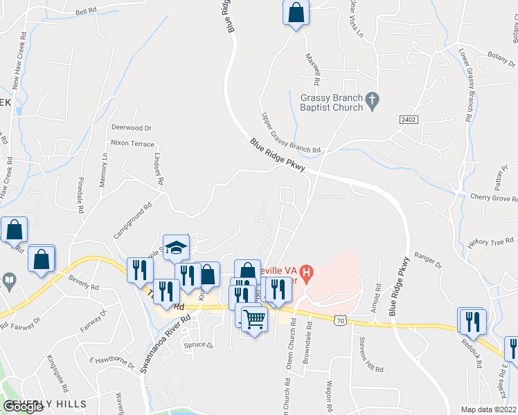 map of restaurants, bars, coffee shops, grocery stores, and more near 150 La Mancha Drive in Asheville