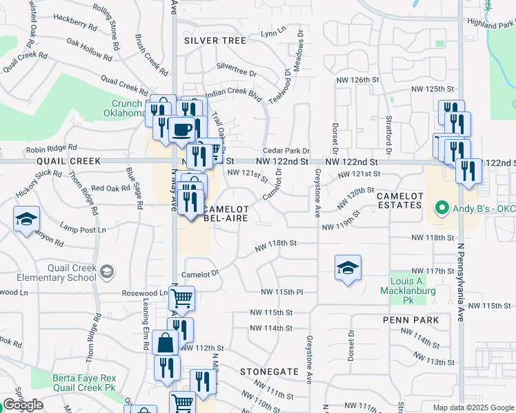 map of restaurants, bars, coffee shops, grocery stores, and more near 12020 Camelot Court in Oklahoma City