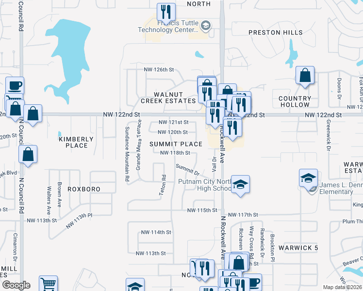 map of restaurants, bars, coffee shops, grocery stores, and more near 7233 Northwest 118th Street in Oklahoma City