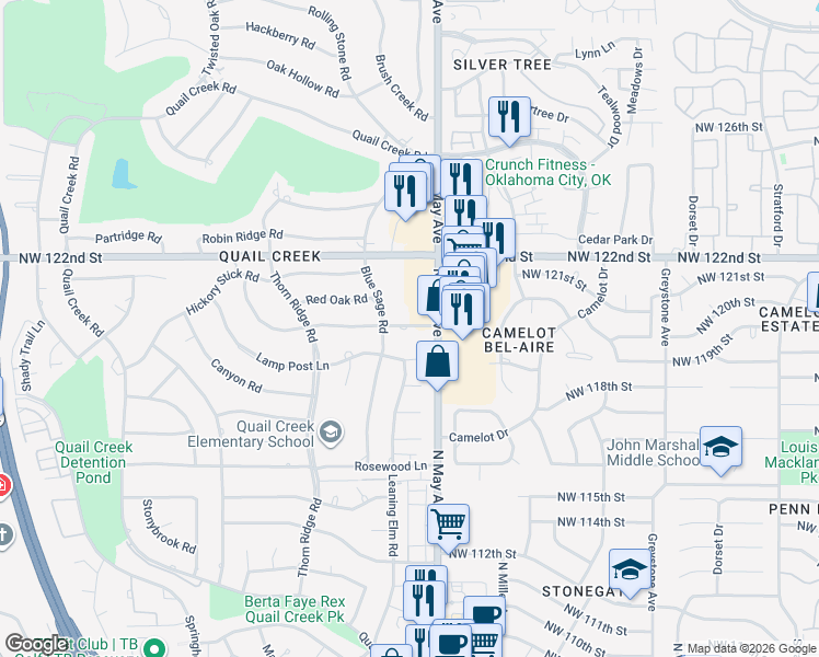map of restaurants, bars, coffee shops, grocery stores, and more near 12008 Blue Sage Road in Oklahoma City