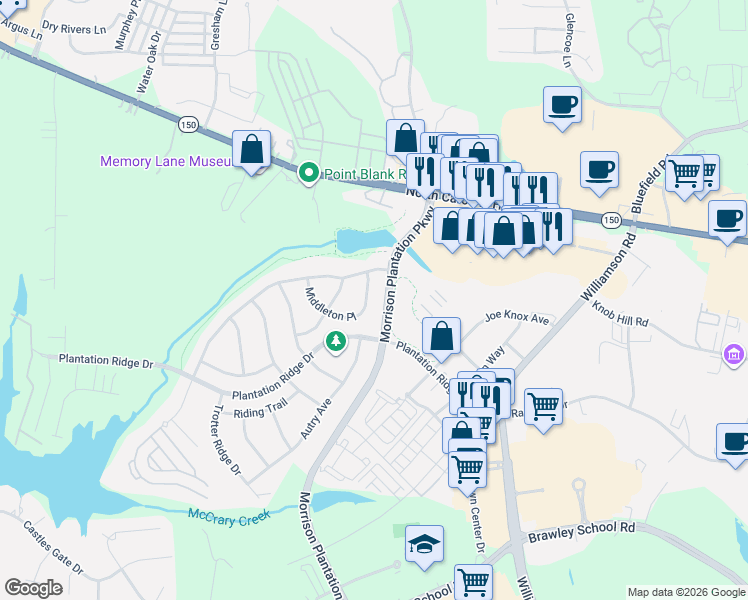 map of restaurants, bars, coffee shops, grocery stores, and more near 119 Middleton Place in Mooresville