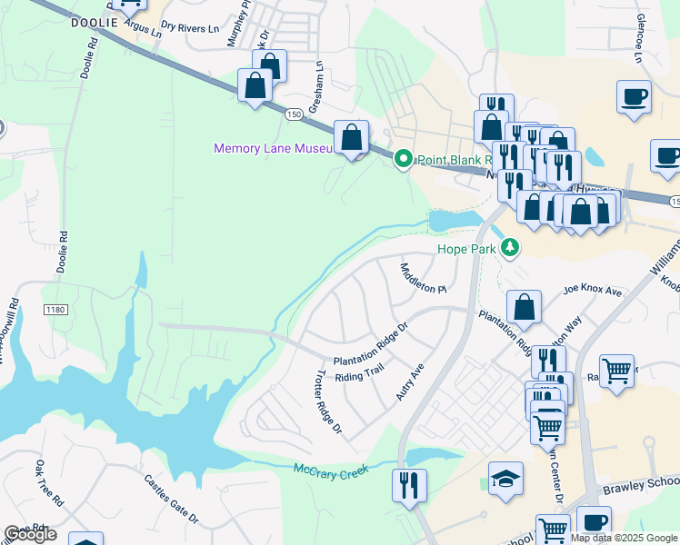 map of restaurants, bars, coffee shops, grocery stores, and more near 198 Montibello Drive in Mooresville