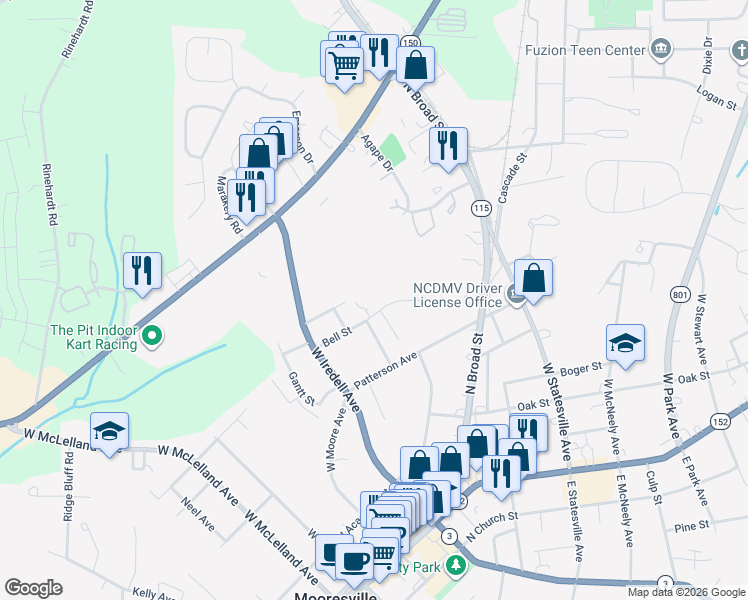 map of restaurants, bars, coffee shops, grocery stores, and more near 410 Bell Street in Mooresville
