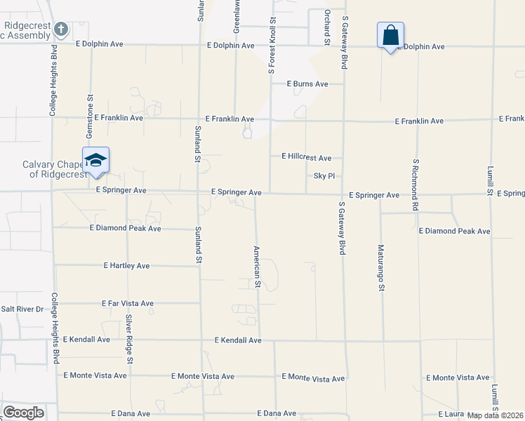 map of restaurants, bars, coffee shops, grocery stores, and more near 647 East Springer Avenue in Ridgecrest
