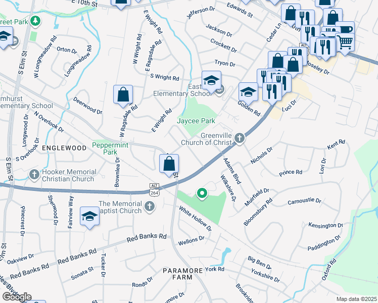 map of restaurants, bars, coffee shops, grocery stores, and more near Unnamed Road in Greenville