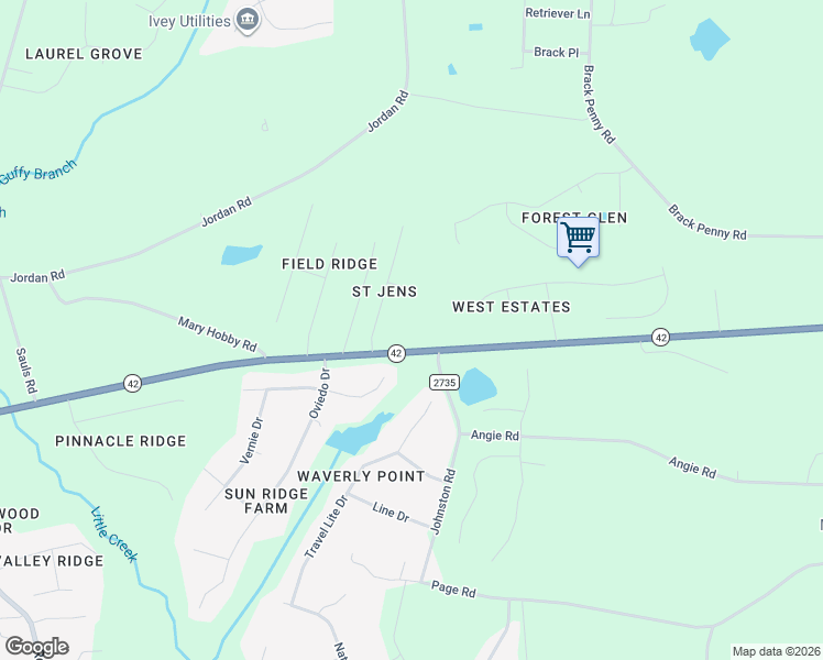 map of restaurants, bars, coffee shops, grocery stores, and more near 4929 North Carolina 42 in Raleigh
