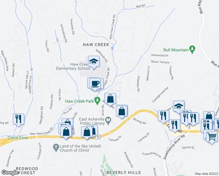 map of restaurants, bars, coffee shops, grocery stores, and more near 171 Haw Creek Mews Drive in Asheville
