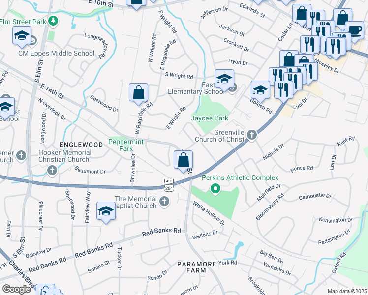 map of restaurants, bars, coffee shops, grocery stores, and more near 101 Laura Lane in Greenville