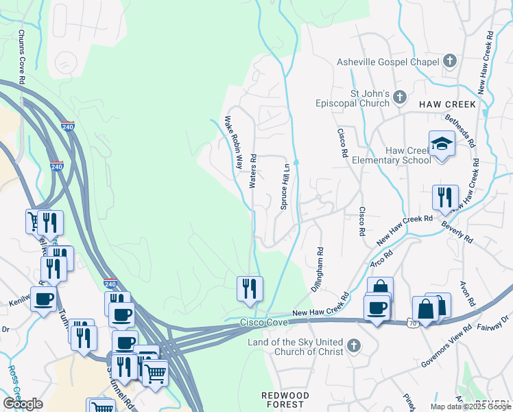 map of restaurants, bars, coffee shops, grocery stores, and more near 99999 Manchester Drive in Asheville