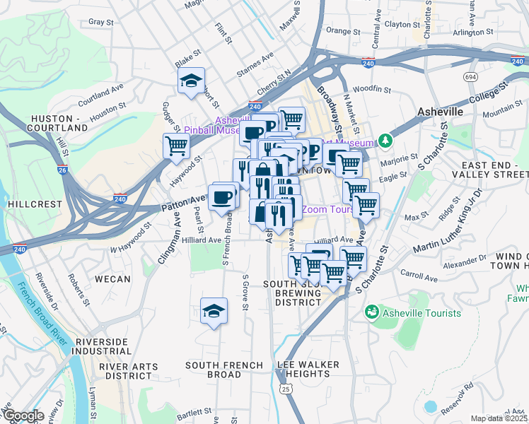 map of restaurants, bars, coffee shops, grocery stores, and more near in Asheville
