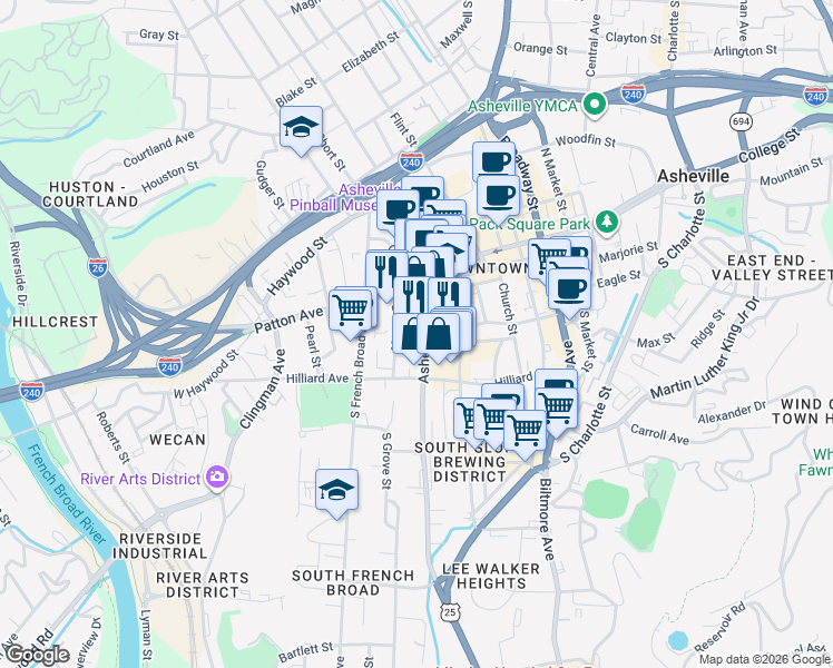 map of restaurants, bars, coffee shops, grocery stores, and more near 45 Asheland Avenue in Asheville