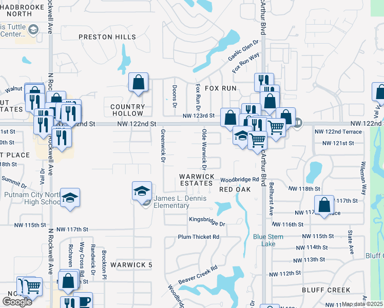 map of restaurants, bars, coffee shops, grocery stores, and more near 6200 Sudbury Drive in Oklahoma City