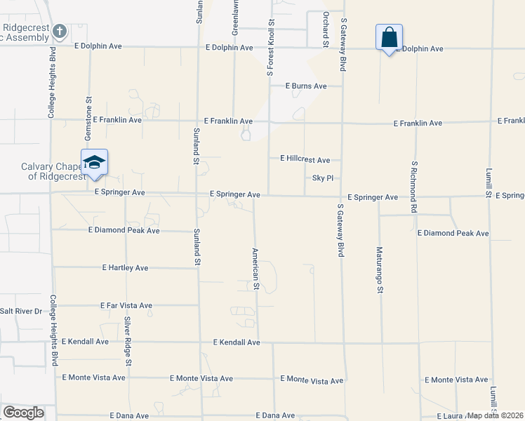 map of restaurants, bars, coffee shops, grocery stores, and more near 647 East Springer Avenue in Ridgecrest