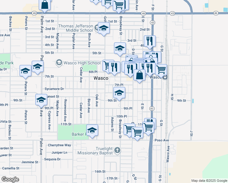 map of restaurants, bars, coffee shops, grocery stores, and more near 821 Broadway Street in Wasco
