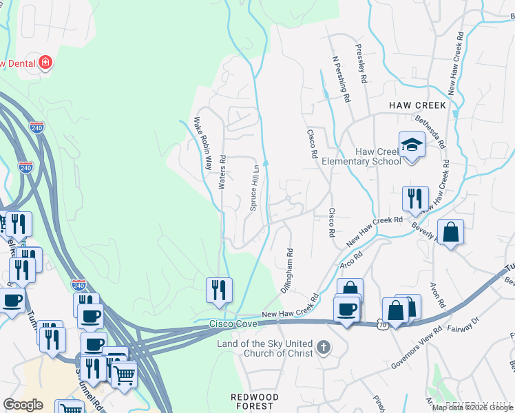 map of restaurants, bars, coffee shops, grocery stores, and more near 1C Hedgerose Court in Asheville