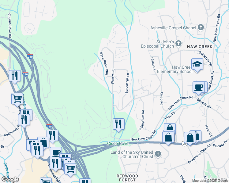 map of restaurants, bars, coffee shops, grocery stores, and more near 99999 Manchester Drive in Asheville