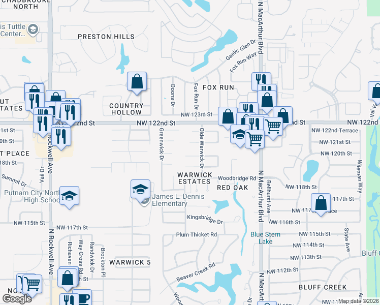 map of restaurants, bars, coffee shops, grocery stores, and more near 6200 Sudbury Drive in Oklahoma City