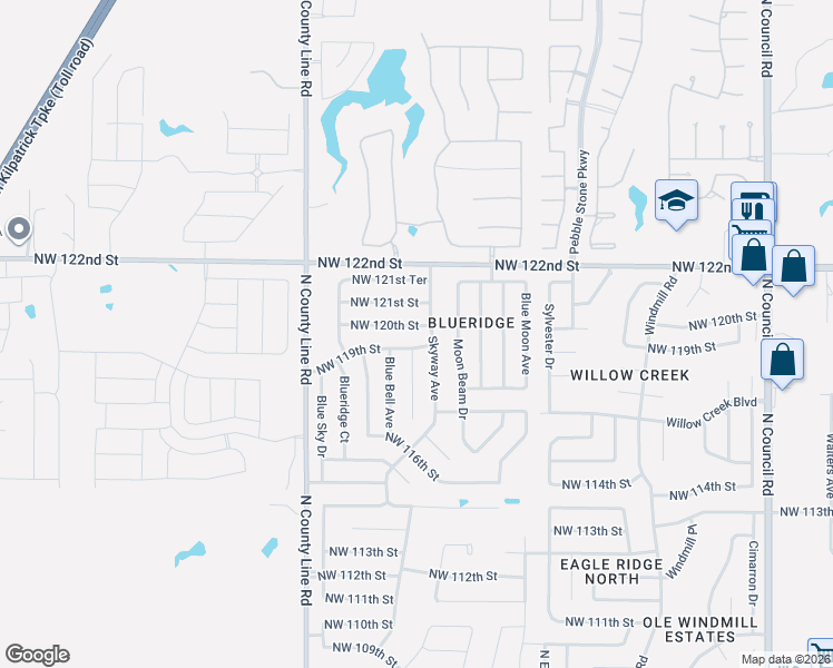 map of restaurants, bars, coffee shops, grocery stores, and more near 11917 Skyway Avenue in Oklahoma City