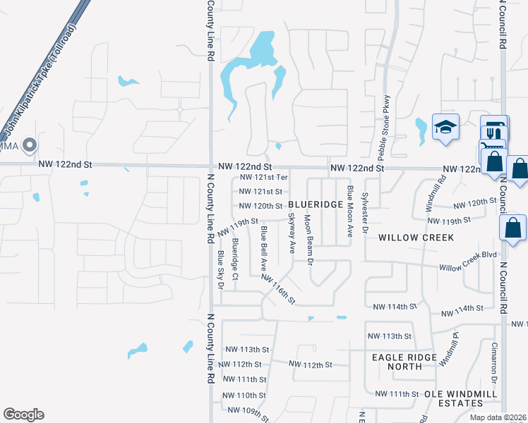 map of restaurants, bars, coffee shops, grocery stores, and more near 8820 Northwest 119th Street in Oklahoma City