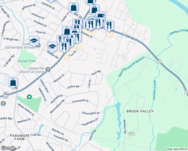 map of restaurants, bars, coffee shops, grocery stores, and more near 315 Brookside Drive in Greenville