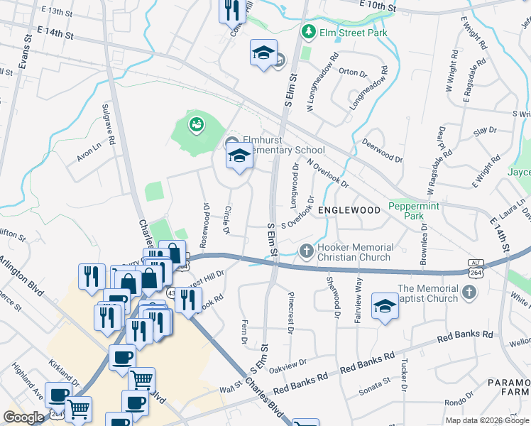 map of restaurants, bars, coffee shops, grocery stores, and more near 1106 South Overlook Drive in Greenville