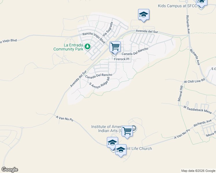 map of restaurants, bars, coffee shops, grocery stores, and more near 10 South Arroyo Ridge Road in Santa Fe