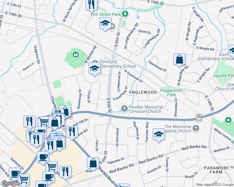 map of restaurants, bars, coffee shops, grocery stores, and more near 1627 Longwood Drive in Greenville