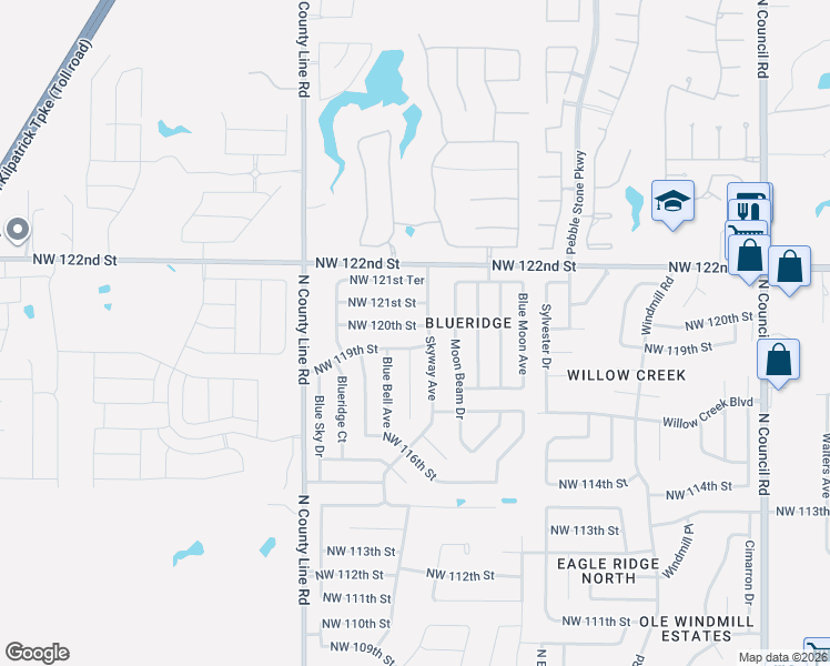 map of restaurants, bars, coffee shops, grocery stores, and more near 11917 Skyway Avenue in Oklahoma City