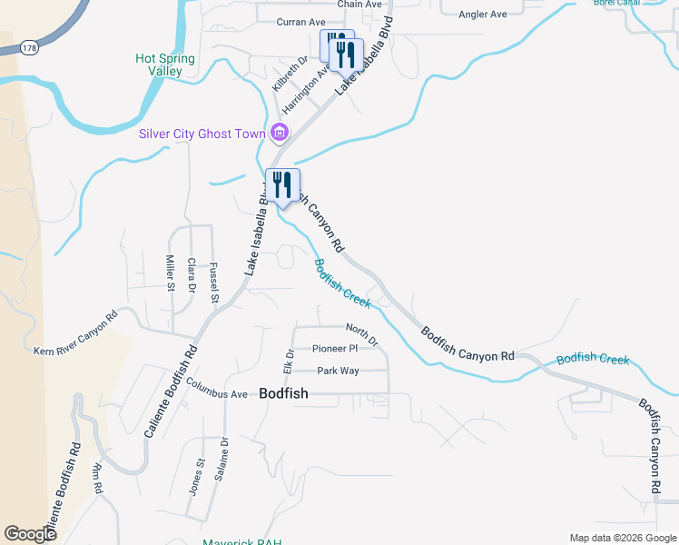 map of restaurants, bars, coffee shops, grocery stores, and more near 272 Bodfish Canyon Road in Bodfish