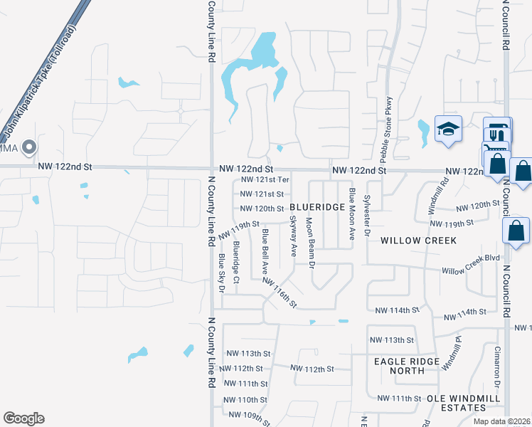 map of restaurants, bars, coffee shops, grocery stores, and more near 8820 Northwest 119th Street in Oklahoma City