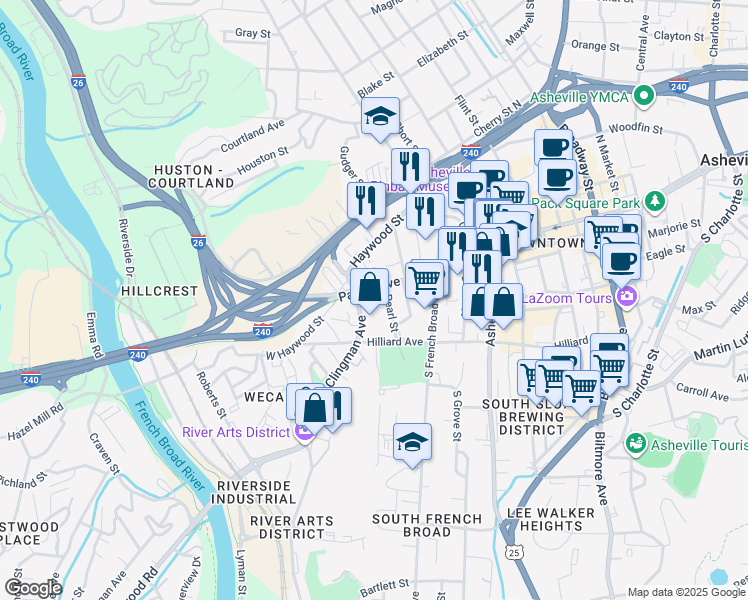 map of restaurants, bars, coffee shops, grocery stores, and more near 248 Patton Avenue in Asheville