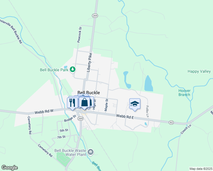 map of restaurants, bars, coffee shops, grocery stores, and more near 207 Maple Street in Bell Buckle