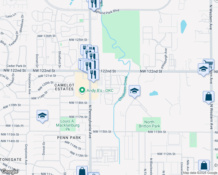 map of restaurants, bars, coffee shops, grocery stores, and more near 1910 Heritage Park Drive in Oklahoma City