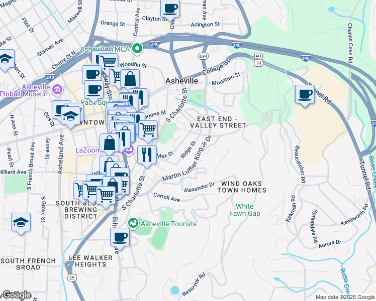 map of restaurants, bars, coffee shops, grocery stores, and more near 42 Ridge Street in Asheville