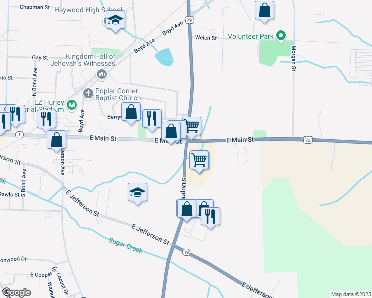 map of restaurants, bars, coffee shops, grocery stores, and more near Tennessee 76 Bypass in Brownsville