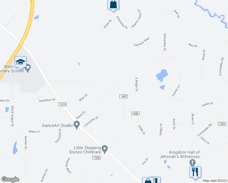 map of restaurants, bars, coffee shops, grocery stores, and more near 250 Devin Drive in Garner