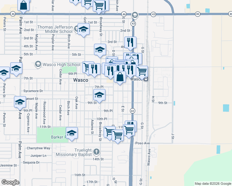 map of restaurants, bars, coffee shops, grocery stores, and more near 841 E Street in Wasco