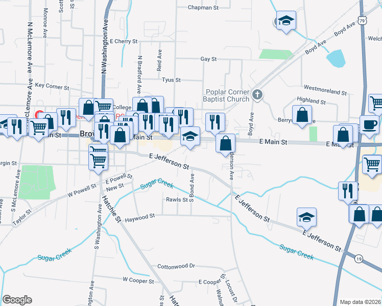 map of restaurants, bars, coffee shops, grocery stores, and more near 900 East Main Street in Brownsville