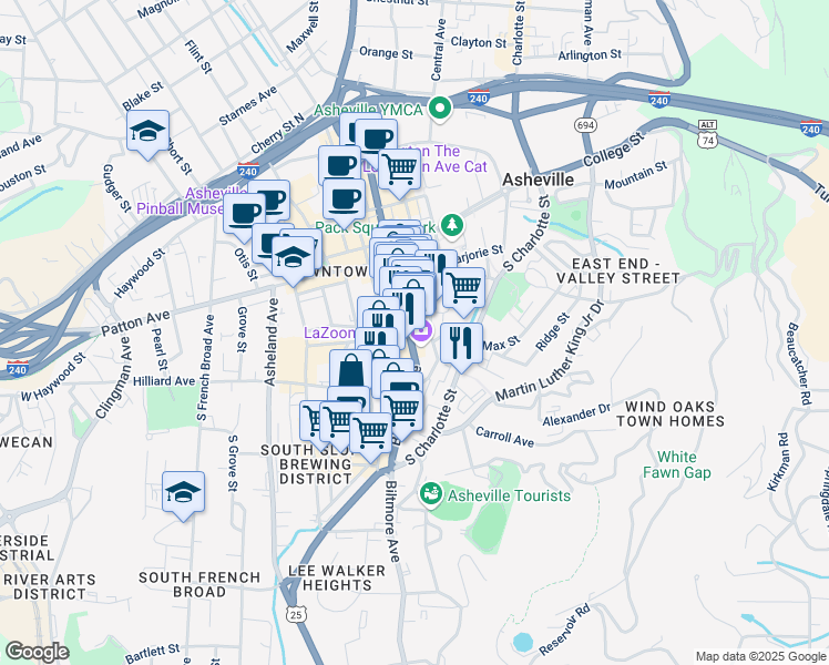 map of restaurants, bars, coffee shops, grocery stores, and more near 64 Biltmore Avenue in Asheville