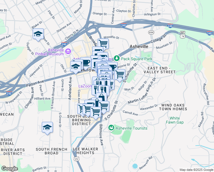 map of restaurants, bars, coffee shops, grocery stores, and more near 77 Biltmore Avenue in Asheville