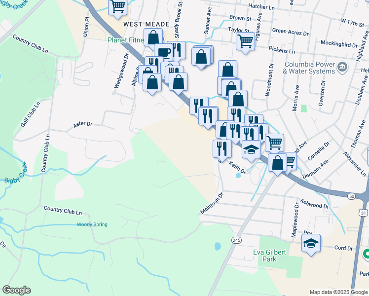 map of restaurants, bars, coffee shops, grocery stores, and more near 2508 Pillow Dr in Columbia