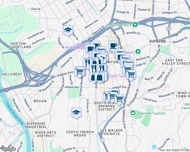 map of restaurants, bars, coffee shops, grocery stores, and more near 45 Asheland Avenue in Asheville