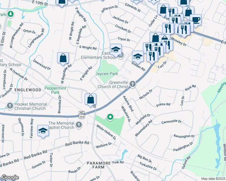 map of restaurants, bars, coffee shops, grocery stores, and more near 1701 Greenville Boulevard Southeast in Greenville