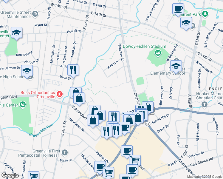 map of restaurants, bars, coffee shops, grocery stores, and more near 121 Stratford Road in Greenville