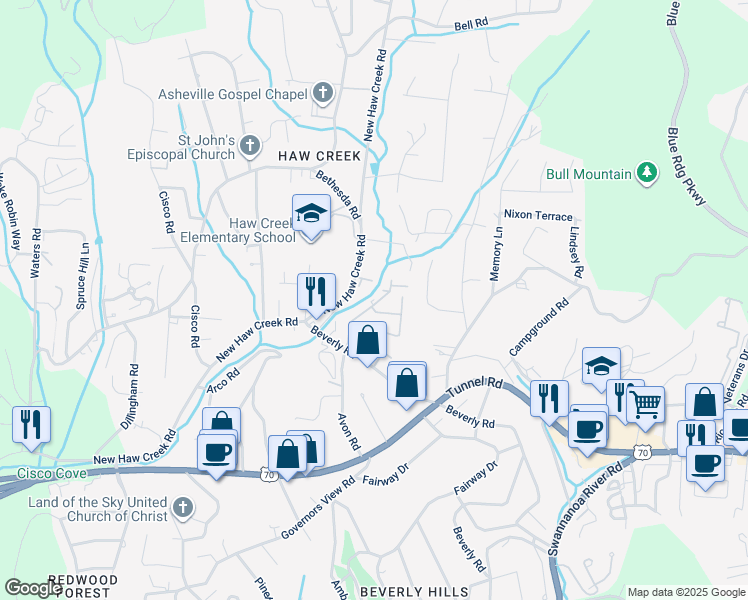 map of restaurants, bars, coffee shops, grocery stores, and more near 295 Haw Creek Mews Drive in Asheville
